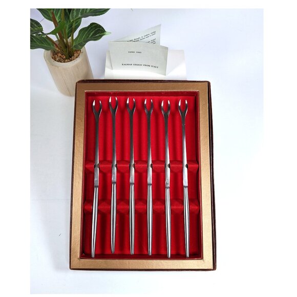 Vintage Modernist Kalmar Designs Italy Stainless Fondue Forks Set Box &Paperwork - Picture 1 of 9